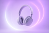 head phone in a white and light purple neon mixed light background