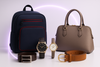 one boys bag and girls bag ,men watch,ladies watch,men belt,women belt in a white and light puple neon colour background