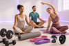 Realistic, modern scene showcasing health and fitness essentials — dumbbells, yoga mats, resistance bands, and fitness gadgets like smartwatches. Include people exercising, stretching, or meditating in a bright, airy space. Background features a soft white base with very light purple neon glow accents, giving a fresh, energetic, and modern vibe. The scene feels motivating, healthy, and minimal, highlighting an active lifestyle without showing brand logos.